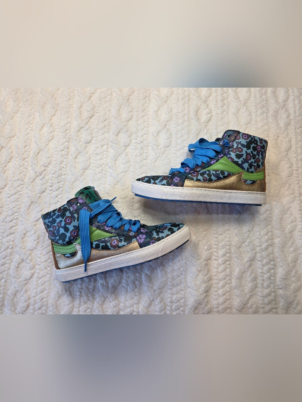 Coach Floral High Top Sneakers Blue Green Metallic Size 6